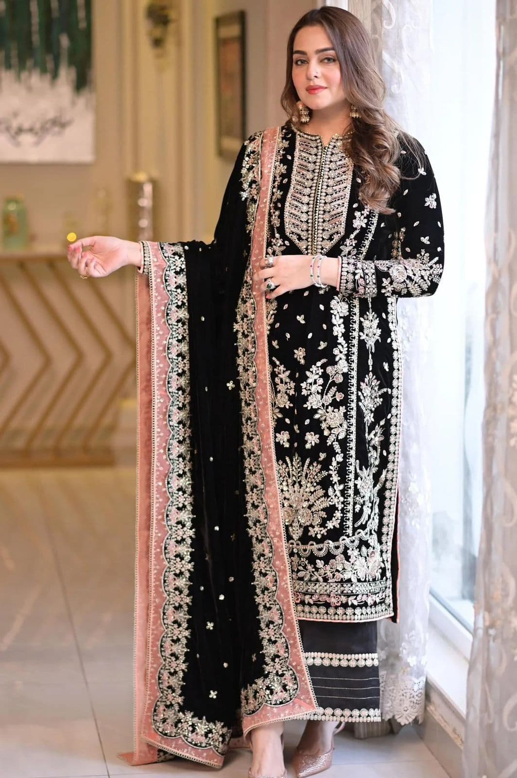 Aneelas Velvet Micro Embroidered Luxury 3-Piece Suit with Chiffon Dupat
